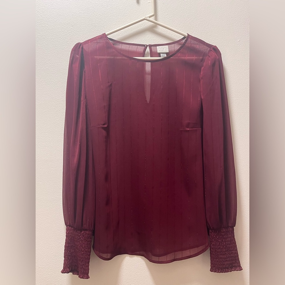 A New Day Romantic Whimsical Elegant Sheer Puff Sleeve Blouse, Sz L, Deep Red - Picture 1 of 6